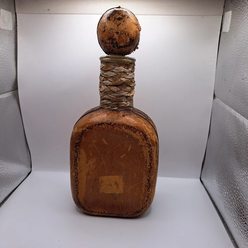 Vintage Leather Wrapped Italian Decanter with Lion